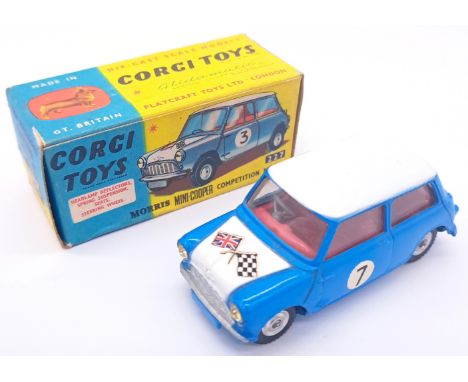 Corgi 227 Morris Mini Cooper "Competition Model" with Blue body, with roof and bonnet, Red interior, Silver trim, spun hubs a