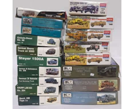 Academy, IBG models and similar a mixed boxed 1/72 scale kits of Cars/Trucks to include, IBG 72019 Diamond T 968 Cargo Truck,