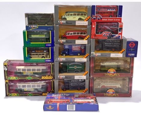 Corgi and similar, a mixed boxed group of Buses &amp; Trams to include, Solido No.4401 Bus Renault TN 6 C, Corgi TY82302 Rout