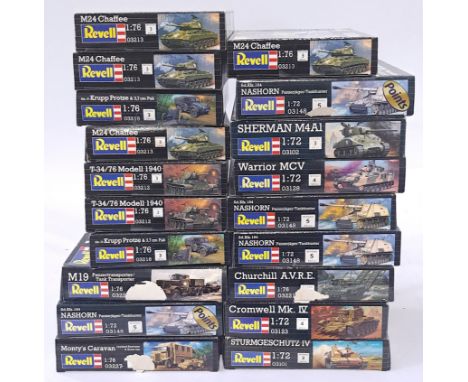 Revell, a mixed boxed model kit group of 1/72 scale Tanks and trucks to include, #03102 Sherman M4A1, #03128 Warrior MCV and 