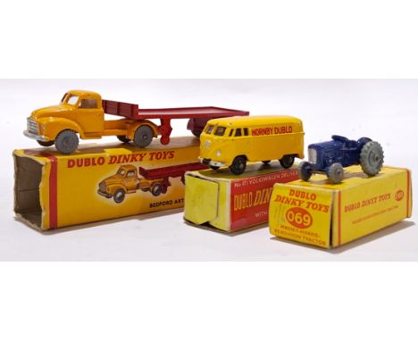 Dinky Dublo 072 Bedford Articulated Flat Truck, Dublo Dinky 069 Massey Harris-Ferguson Tractor and Dublo Dinky 071 Volkswagen