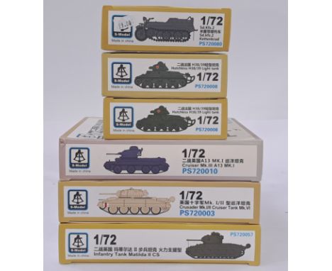 S-Models a mixed boxed model kit 1/72 scale tank group to include PS720057 Infantry Tank Matilda II CS, PS720003 Crusader Mk.