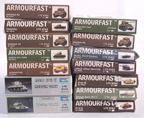 Armourfast and Trumpeter, a mixed boxed model kit group of 1/72 scale Tanks and Trucks to include, Armourfast No.99013 Cromwe