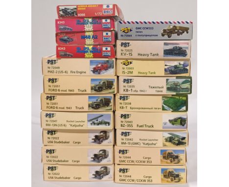 PST &amp; ESCI a mixed boxed model kit group of 1/72 scale tanks and trucks to include, PST No.72025 Heavy Tank KV-1S, PST No