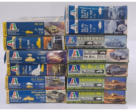 Italeri a mixed boxed model kit group of 1/72 scale tanks to include No.7038 M20 Armoured Utility Car, No. 7013 Valentine MK.