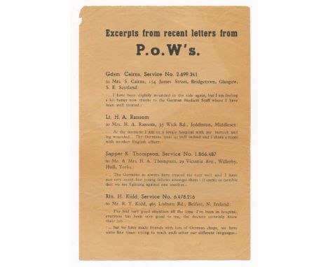 ‘Excerpts from recent letters from P.o.W’s.’ Second World War German airborne Propaganda leaflet. Double sided Leaflet featur