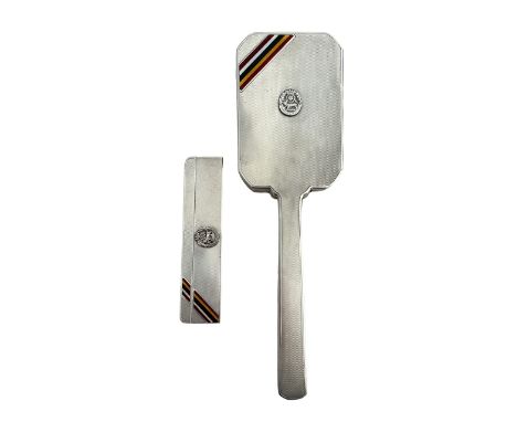 York and Lancaster silver hallmarked military comb and hairbrush pair, York and Lancaster insignia attached to front of both.