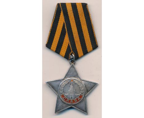 Russia – Soviet Order of Glory 3rd Class, silver and red enamel star medal, on ribbon, awarded to 586912. 