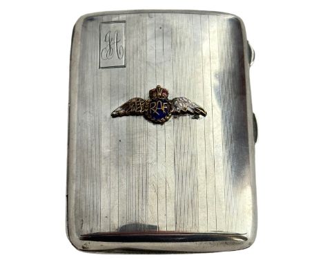 RAF Royal Air Force Silver Cigarette Case with applied enamel RAF winged badge. Hallmarked to interior with W J Myatt &amp; C