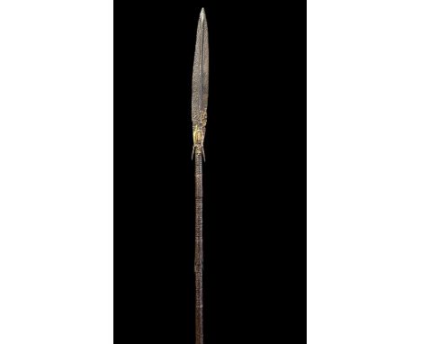 African all-iron forged long lion hunting spear, long leaf shaped tip, ribbed decoration at varying intervals along the spear