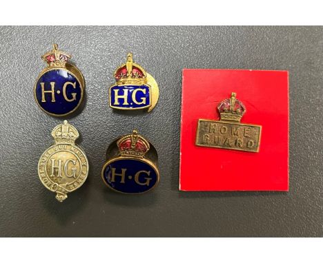 Range of Home Guard badges (5), one with "Home Guard" under red enamelled crown, "H.G." on blue enamel with red enamelled cro