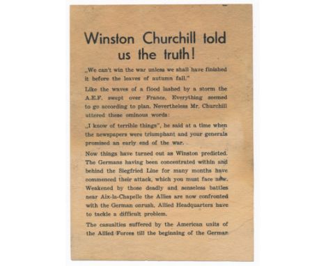 ‘Winston Churchill told us the truth!’ small German airborne Propaganda leaflet. Double sided leaflet that reads ‘We can’t wi