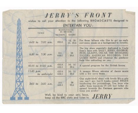 Jerry's Front Second World War German airborne Propaganda leaflet. Radio Propaganda leaflet. Two-sided, reverse reads 'Beware