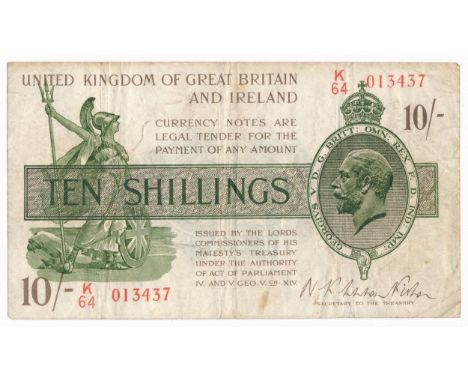 Treasury Series, Warren Fisher, 10 Shillings, 6th November 1922 Second Issue, K/64 013437, about fine. T30 