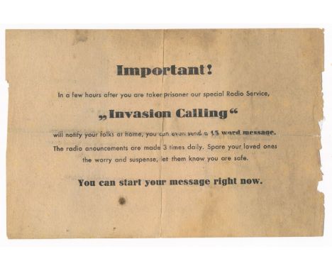 'Invasion Calling' Second World War German Airborne Propaganda Leaflet. Two-sided leaflet, front reads 'Important! In a few h