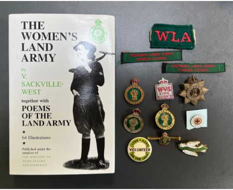Women's Land Army collection with "The Women's Land Army" book by V. Sackville-West, "WLA" red on green fabric badge with 2 "