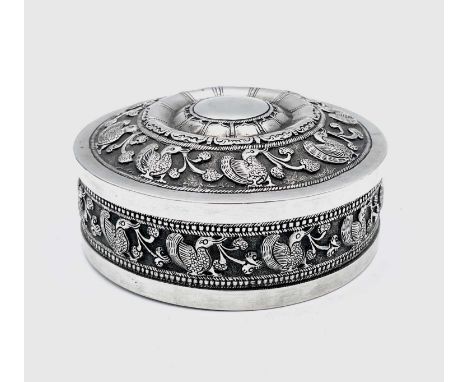 A Chinese silver cylindrical jar and cover, circa 1900, makers mark and initials KA, decorated with mandarin ducks and foliag