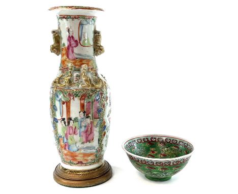 A Chinese Canton porcelain vase, 19th century, converted to a lamp base, drilled, height 28cm and a Chinese dragon decorated 