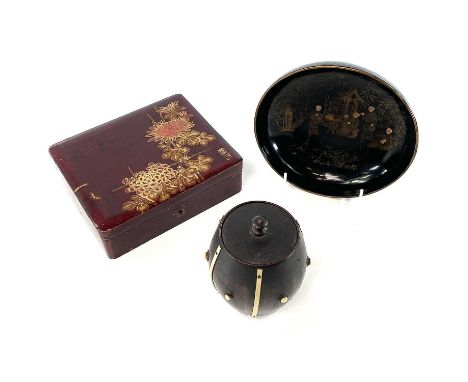 A Chinese black lacquer papier mache footed bowl, diameter 17cm, a Japanese red lacquer work box, early 20th century, signed,