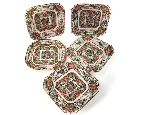 A set of four Chinese Canton porcelain octagonal plates, 20th century, 13.3cm square, each stamped 'China' in a red oval pane