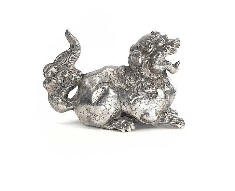 A Chinese silver model of a dog of fo, stamped 900 and character mark, height 5cm, width 7cm, depth 3.5cm, 150 grams.