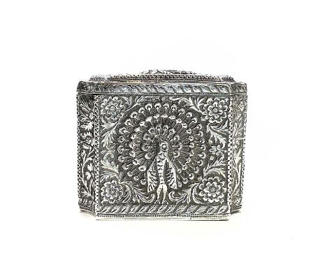 A Persian silver gilt tea caddy, circa 1900, decorated with peacocks and birds amongst foliage, height 6.5cm, width 8cm, dept