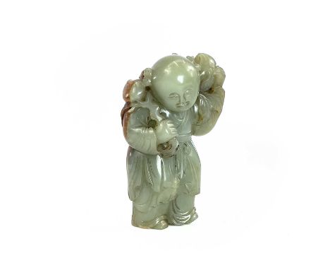 A Chinese carved jade figure of a boy, height 10cm, width 6.5cm, depth 4cm.Generally good condition.&nbsp;Extra images on our