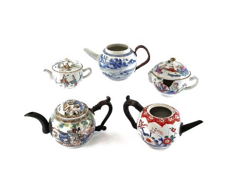 Five Chinese porcelain teapots, 18th and 19th century, largest size, height 12cm, length 21cm, depth 10cm.Cane handled teapot