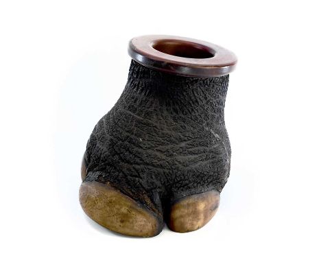 A taxidermy rhino foot tobacco jar, 19th century, lacking cover, height 20cm, width 19.5cm, depth 21.5cm.