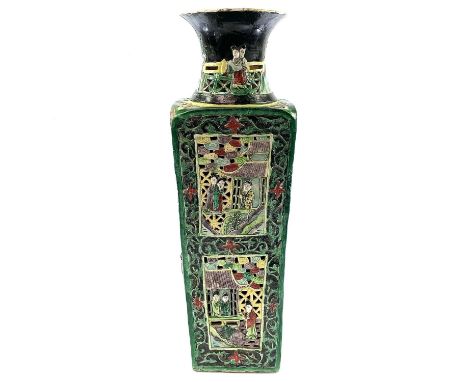 A large Chinese reticulated square tapering vase, 19th century, seal mark, with raised flaring neck, each pierced panel paint