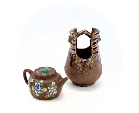 A Chinese Yixing teapot, height 10cm and a Japanese stoneware water carrier, early 20th century, signed, height 19.5cm, width