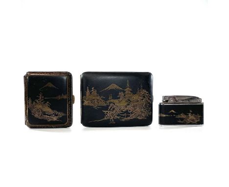 Two Japanese damascened mixed metal cigarette cases, largest 8 x 10.5cm and a Japanese cigarette lighter. (3)