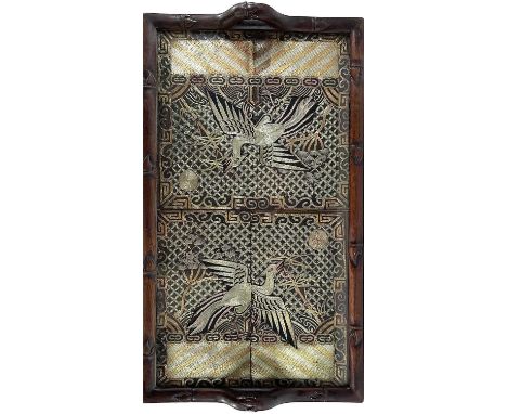 Two Chinese silk and metal thread rank badges, 19th century, within a carved hardwood tray, with rectangular glazed panel, wi