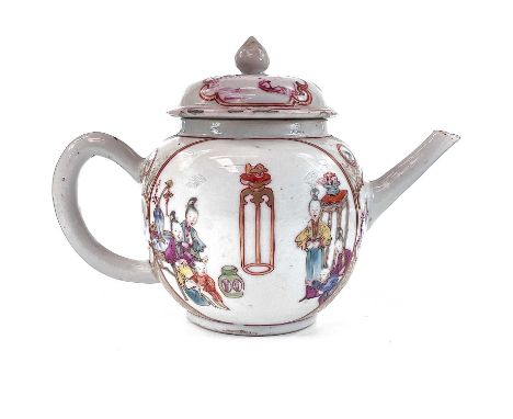 A Chinese famille rose porcelain teapot, 18th century, decorated with women, children and precious objects, height 14.5cm, le