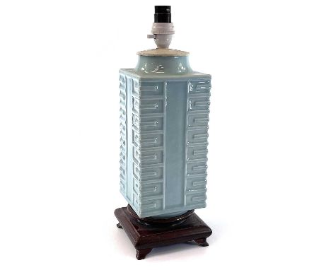 A Chinese celadon cong vase, 20th century, coverted to a lamp base, on a hardwood base, height of vase 27.5cm, width 12cm, de