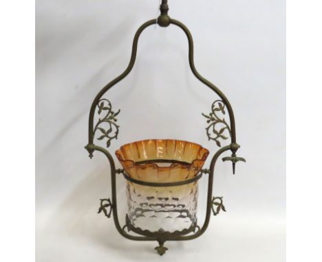 A late 19thC. arts & crafts gas lamp with original glass shade, loss to one decorative finial, 675mm drop