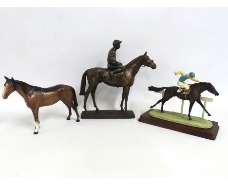 A Beswick pottery horse twinned with a Border Fine Arts 'Full Stretch' model 1368/1500 (loss to whip) & a bronzed resin model