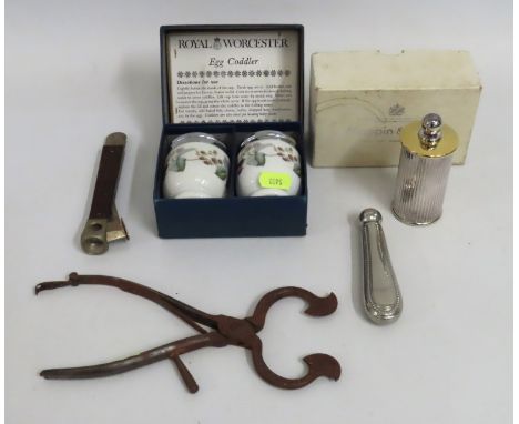 A pair of 19thC. sugar cutters, a Mappin & Webb pepper grinder, a cigar cutter, a boxed egg coddler set & a needle case