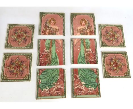 A set of eight art nouveau style tiles after Mucha from a cast iron fireplace, 152mm x 152mm