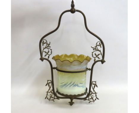 A late 19thC. arts & crafts gas lamp with original vaseline glass shade, 645mm drop