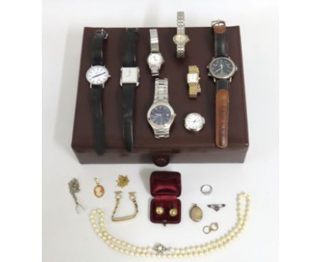 Seven wristwatches including Seiko & Rotary twinned with a small selection of costume jewellery items including plated earrin