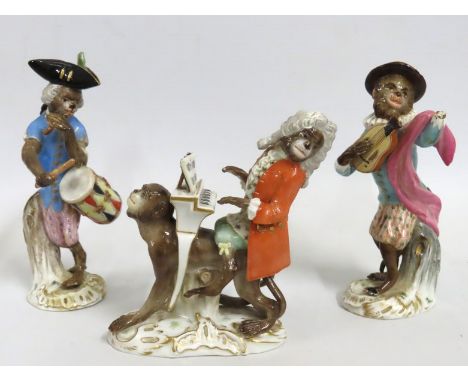 After Kaendler, three Meissen monkey band figures, the pianist, loss to tip of finger, drummer, has restoration & lute player