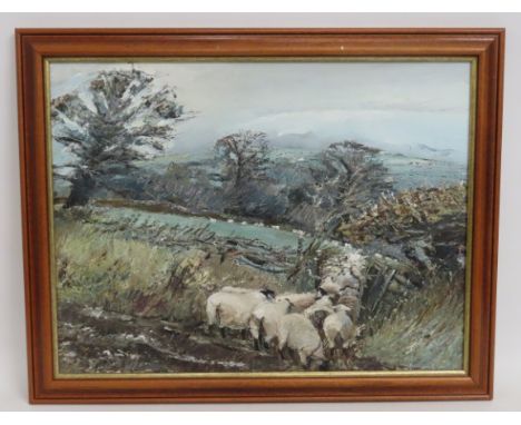 Attributed to Fred Yates (1922-2008), a framed oil on panel of sheep entering Cornish field, image size 585mm x 445mm