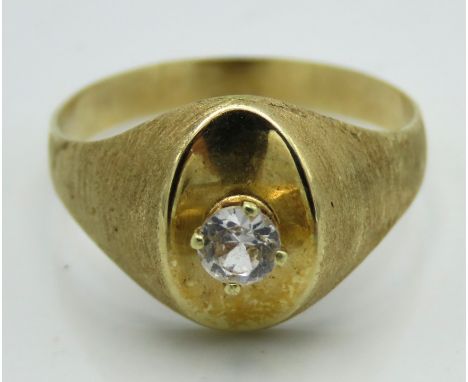 A yellow metal ring set with small white stone, tests electronically as 14ct gold, 2.5g, size N