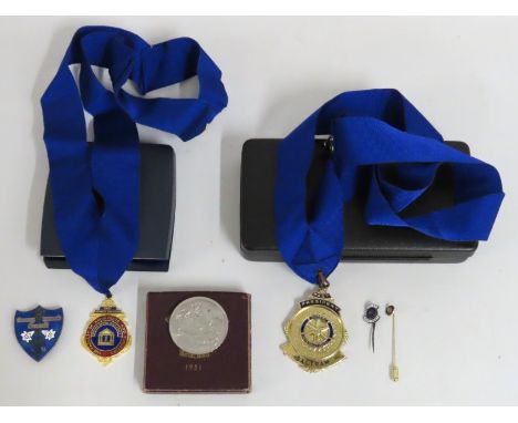 Two boxed medallions, President Medal Saltram Rotary & Past Chairman Faculty of Architects & Surveyors twinned with two Rotar