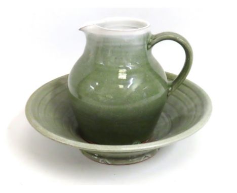 A Cornish studio pottery bowl & basin, jug stamped 'Zane', bowl 305mm diameter, jug 190mm tall