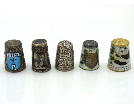 Five thimbles including one brass cloisonne, one Charles Horner Chester silver, one 1977 Silver Jubilee in silver & enamel & 