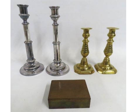 A pair of 19thC. silver plated extending candle sticks, a pair of 19thC. brass candlesticks & a brass box, tallest 270mm