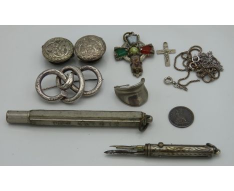 A white metal multi tool, two buttons, a Victorian silver four pence & other items