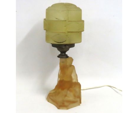 A c.1940's figurative art deco style glass lamp & shade, 372mm tall